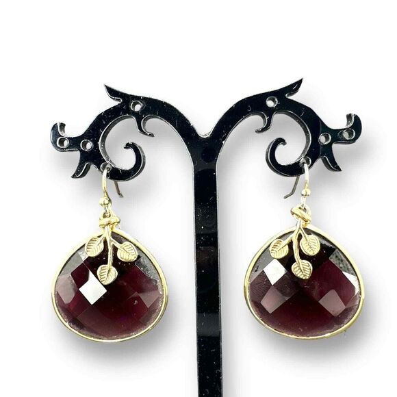 Purple Faceted Glass Teardrop Dangle Earrings over Gold Plated - Picture 3 of 7